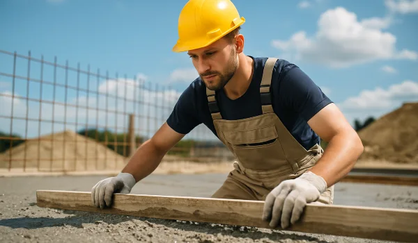 a male concrete worker spreading fresh cement on rebared ground from Concrete Contractor Kyle in Buda, TX - Buda TX