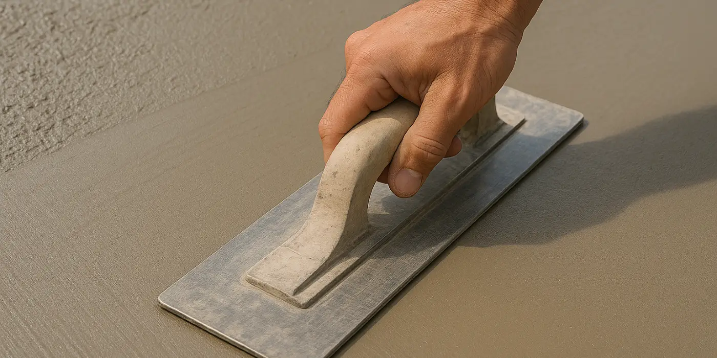 a hand trowel being used on a fresh cement slab to smooth it from Concrete Contractor Kyle in Kyle, TX - Commercial Concrete Projects