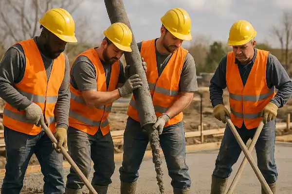 4 workers pouring and spreading concrete on the ground from Concrete Contractor Kyle in Driftwood, TX - Driftwood TX