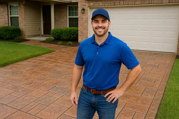 a concrete contractor smiling at the camera with stamped concrete behind him from Concrete Contractor Kyle in Kyle, TX - Driveway Installation a concrete contractor smiling at the camera with stamped concrete behind him from Concrete Contractor Kyle in Kyle, TX - Driveway Installation