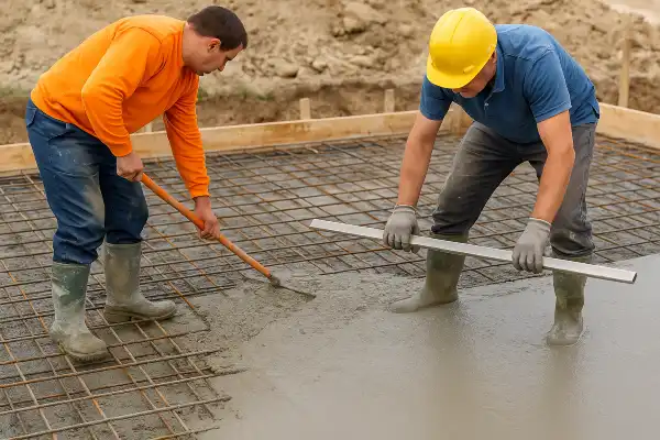 2 workers spreading fresh cement on a rebared ground from Concrete Contractor Kyle in New Braunfels, TX - New Braunfels TX