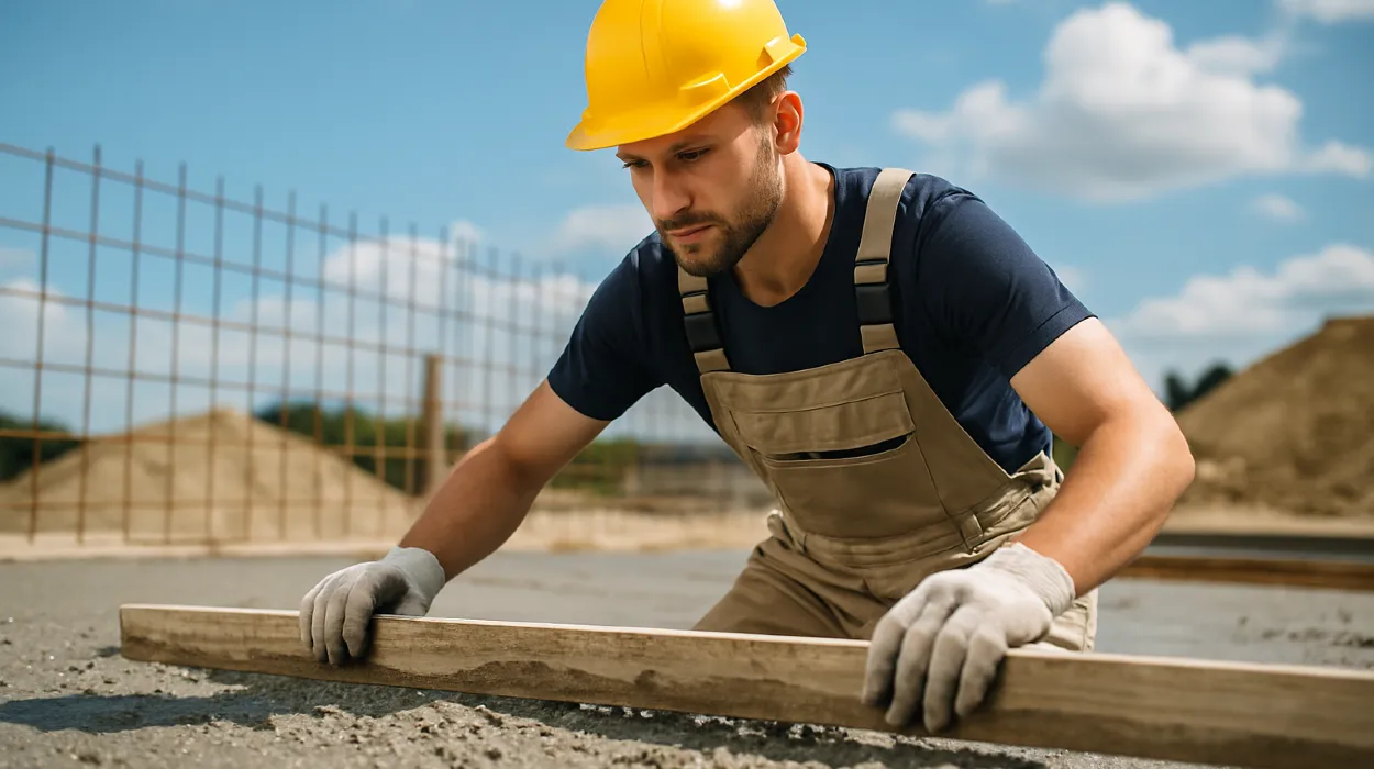 a male concrete worker spreading fresh cement on rebared ground from Concrete Contractor Kyle in Kyle, TX - New Shed Concrete Slab