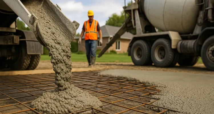 Cement truck pouring cement on a rebared ground from Concrete Contractor Kyle in San Marcos, TX - San Marcos TX