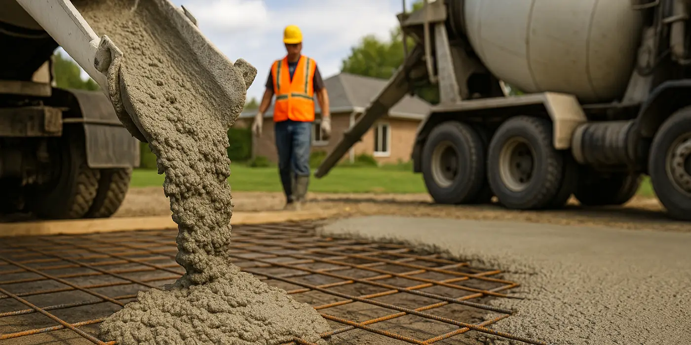 Cement truck pouring cement on a rebared ground from Concrete Contractor Kyle in Kyle, TX - Sidewalk Repair and Replacement