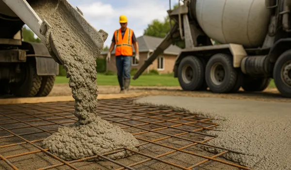 Cement truck pouring cement on a rebared ground from Concrete Contractor Kyle in Kyle, TX - Sidewalk Repair and Replacement