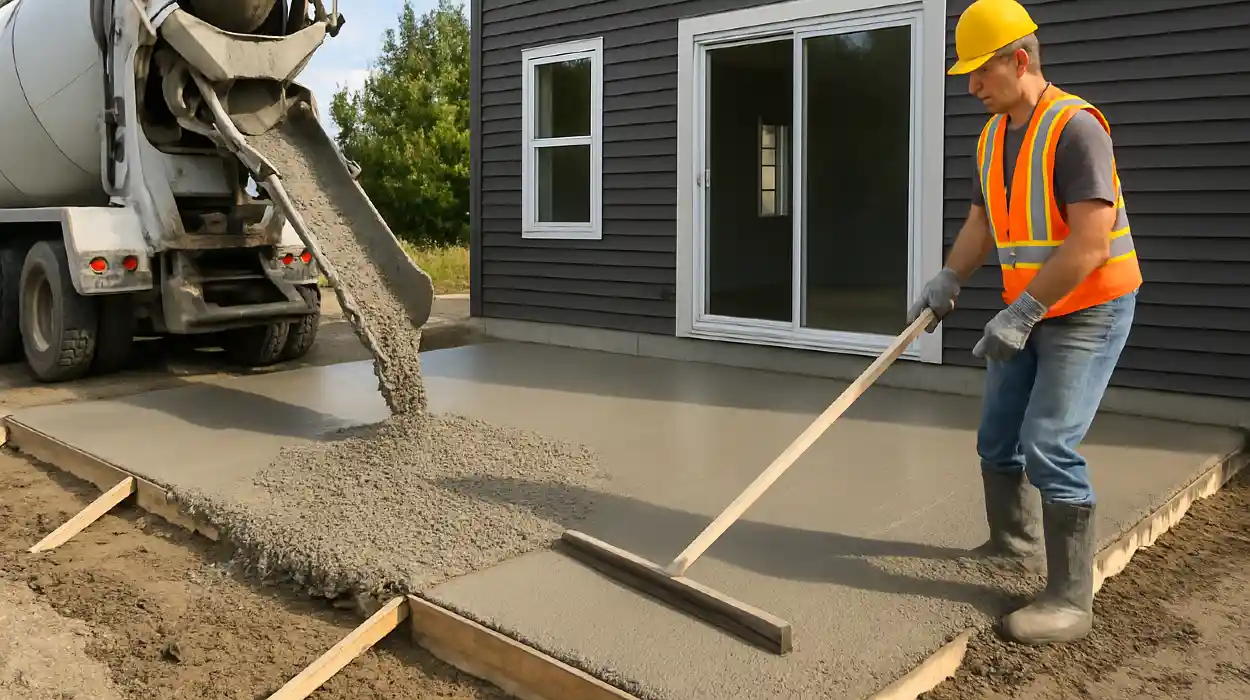 a man spreading the cement a truck is pouring to build a patio from Concrete Contractor Kyle in Kyle, TX - Stamped Concrete Services