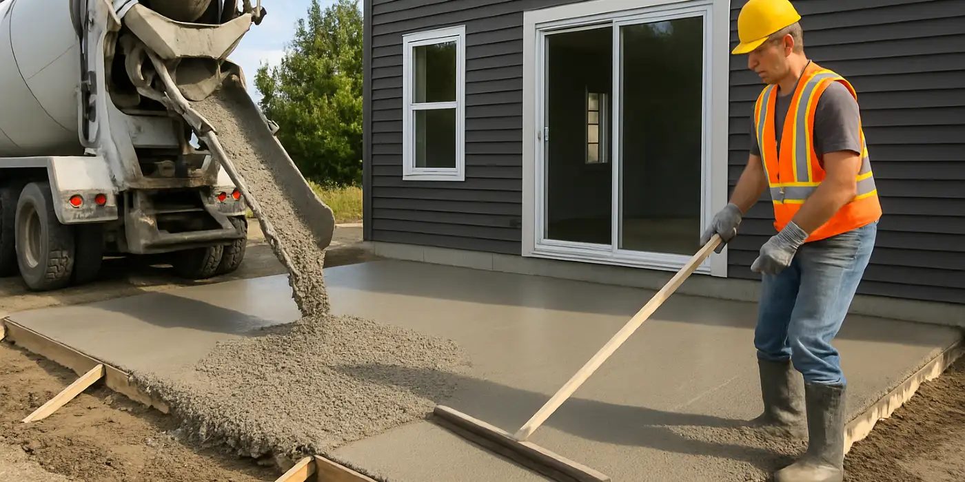 a man spreading the cement a truck is pouring to build a patio from Concrete Contractor Kyle in Kyle, TX - Stamped Concrete Services a man spreading the cement a truck is pouring to build a patio from Concrete Contractor Kyle in Kyle, TX - Stamped Concrete Services