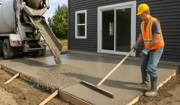 a man spreading the cement a truck is pouring to build a patio from Concrete Contractor Kyle in Kyle, TX - Stamped Concrete Services