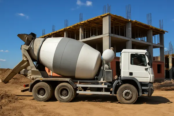 a white cement truck from Concrete Contractor Kyle in Kyle, TX - Stamped Concrete Services a white cement truck from Concrete Contractor Kyle in Kyle, TX - Stamped Concrete Services